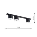 Czarna lampa sufitowa Nano z trzema oprawami na żarówki GU10/AR 111. Ułożona poziomo, z prostokątną belką o długości 70 cm i wysokości 11,5 cm. Gładka, matowa powierzchnia, cylindryczne klosze z przezroczystymi żarówkami.
