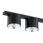 Nano lampa sufitowa w kolorze czarnym z trzema oprawami na żarówki GU10/AR 111. Okrągłe, matowe klosze z metalicznymi detalami, zamontowane na prostokątnym stelażu. Ujęcie z boku, ukazujące dwa klosze i ich strukturalne detale.