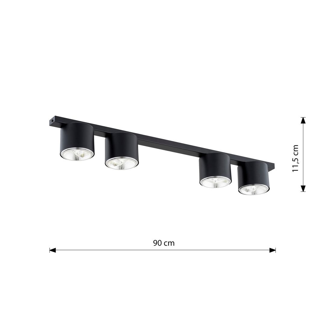 Czarna lampa sufitowa Nano z czterema reflektorami GU10/AR 111. Ułożona poziomo, z metalowym stelażem. Wymiary: 90 cm długości, 11,5 cm szerokości. Reflektory osadzone w cylindrycznych oprawach, minimalistyczny design.