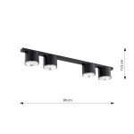Czarna lampa sufitowa Nano z czterema reflektorami GU10/AR 111. Ułożona poziomo, z metalowym stelażem. Wymiary: 90 cm długości, 11,5 cm szerokości. Reflektory osadzone w cylindrycznych oprawach, minimalistyczny design.