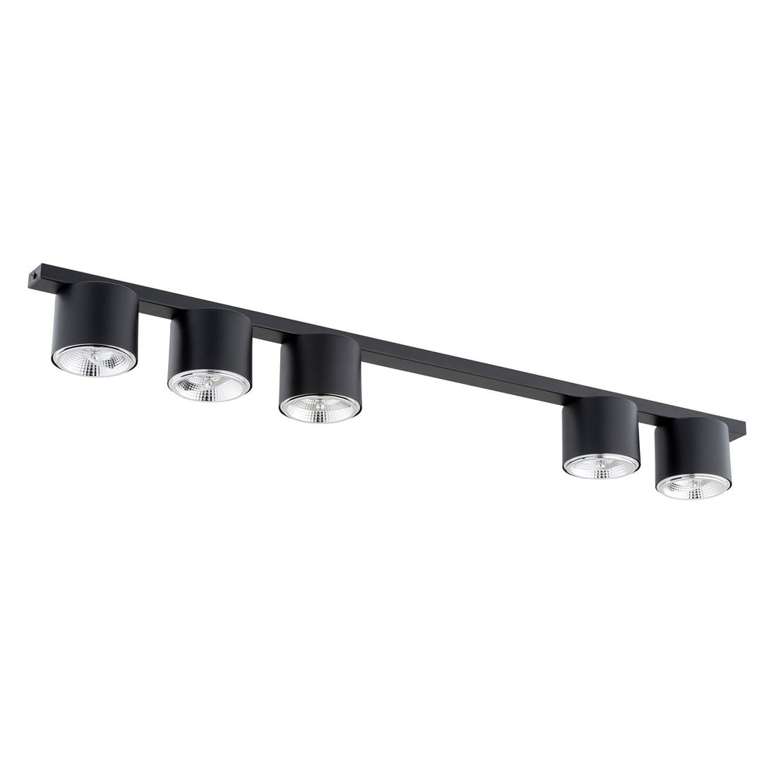 Nano lampa sufitowa 5xGU10/AR 111 w kolorze czarnym, z pięcioma okrągłymi kloszami zamontowanymi na prostokątnej listwie. Klosze z metalowym wykończeniem i przezroczystymi szklanymi elementami.