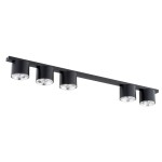 Nano lampa sufitowa 5xGU10/AR 111 w kolorze czarnym, z pięcioma okrągłymi kloszami zamontowanymi na prostokątnej listwie. Klosze z metalowym wykończeniem i przezroczystymi szklanymi elementami.