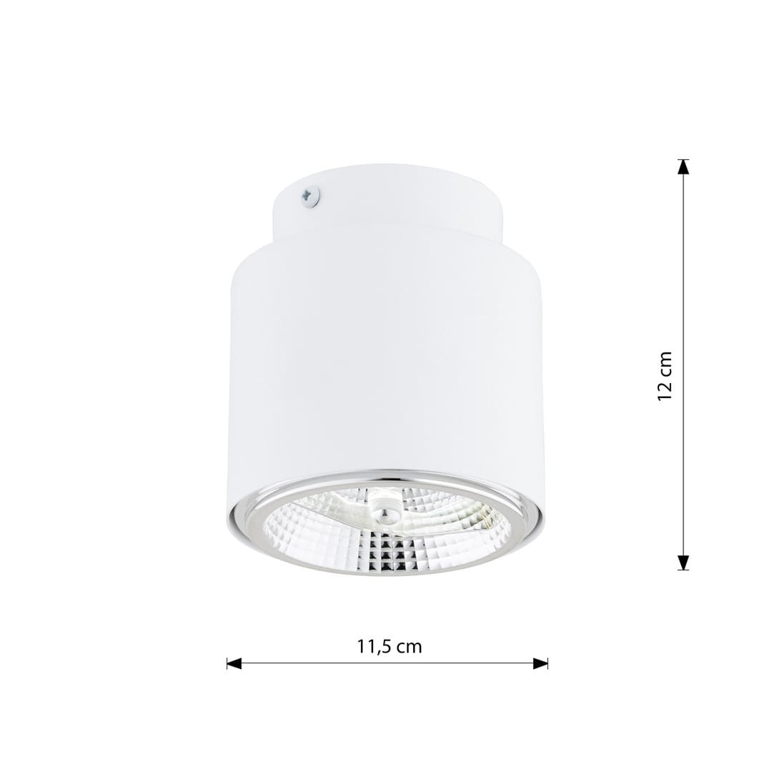 Biała lampa sufitowa Nano z oprawą na jedną żarówkę GU10/AR 111. Okrągły kształt, średnica 11,5 cm, wysokość 12 cm. Metalowa, matowa powierzchnia z połyskującym kloszem. Ujęcie z przodu, zamontowana na suficie.