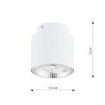 Biała lampa sufitowa Nano z oprawą na jedną żarówkę GU10/AR 111. Okrągły kształt, średnica 11,5 cm, wysokość 12 cm. Metalowa, matowa powierzchnia z połyskującym kloszem. Ujęcie z przodu, zamontowana na suficie.