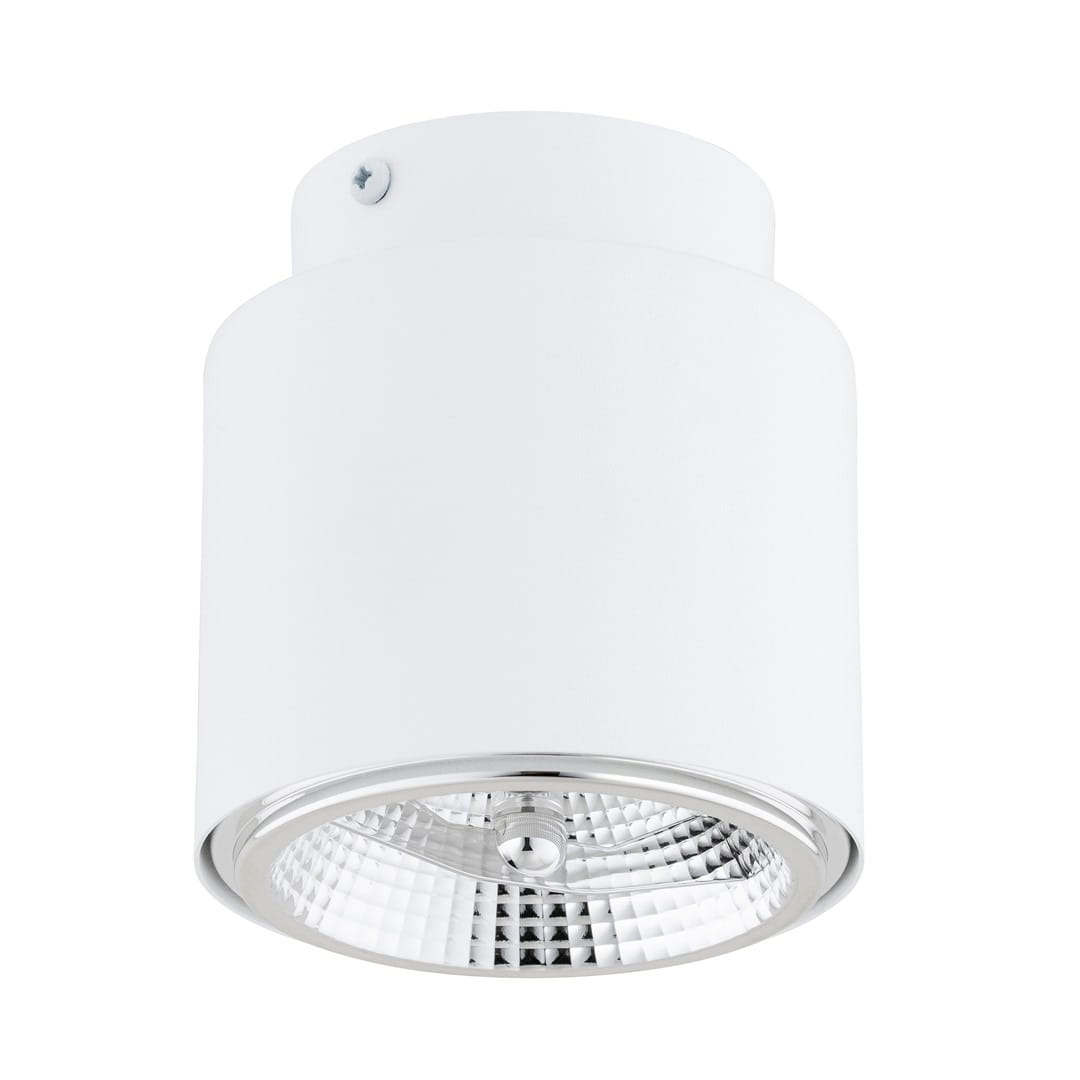 Biała lampa sufitowa Nano z oprawą na jedną żarówkę GU10/AR 111. Posiada cylindryczny kształt z metaliczną, lustrzaną częścią na dole, montowana na suficie. Widoczne mocowanie i gładka faktura obudowy.