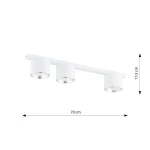Nano lampa sufitowa w kolorze białym, z trzema oprawami na żarówki GU10/AR 111. Ułożona poziomo, długość 70 cm, wysokość 11,5 cm. Proste, okrągłe klosze z metalicznymi elementami wewnętrznymi.