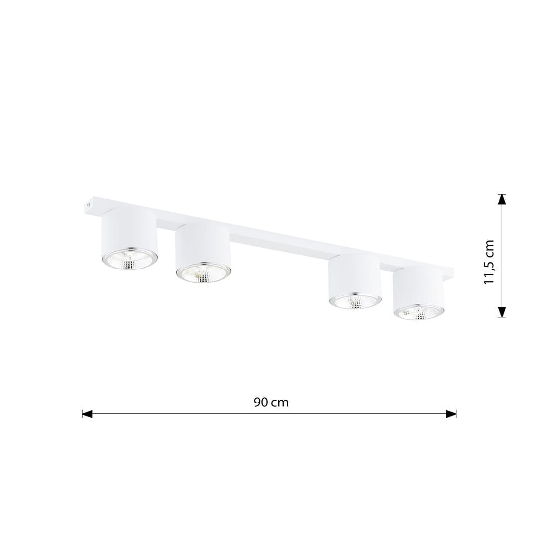 Nano lampa sufitowa z czterema oprawami GU10/AR 111 w kolorze białym. Konstrukcja o wymiarach 90 cm szerokości i 11,5 cm wysokości. Oprawy w formie cylindrów, umieszczone na prostokątnym stelażu.