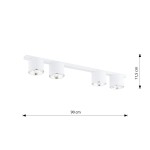 Nano lampa sufitowa z czterema oprawami GU10/AR 111 w kolorze białym. Konstrukcja o wymiarach 90 cm szerokości i 11,5 cm wysokości. Oprawy w formie cylindrów, umieszczone na prostokątnym stelażu.
