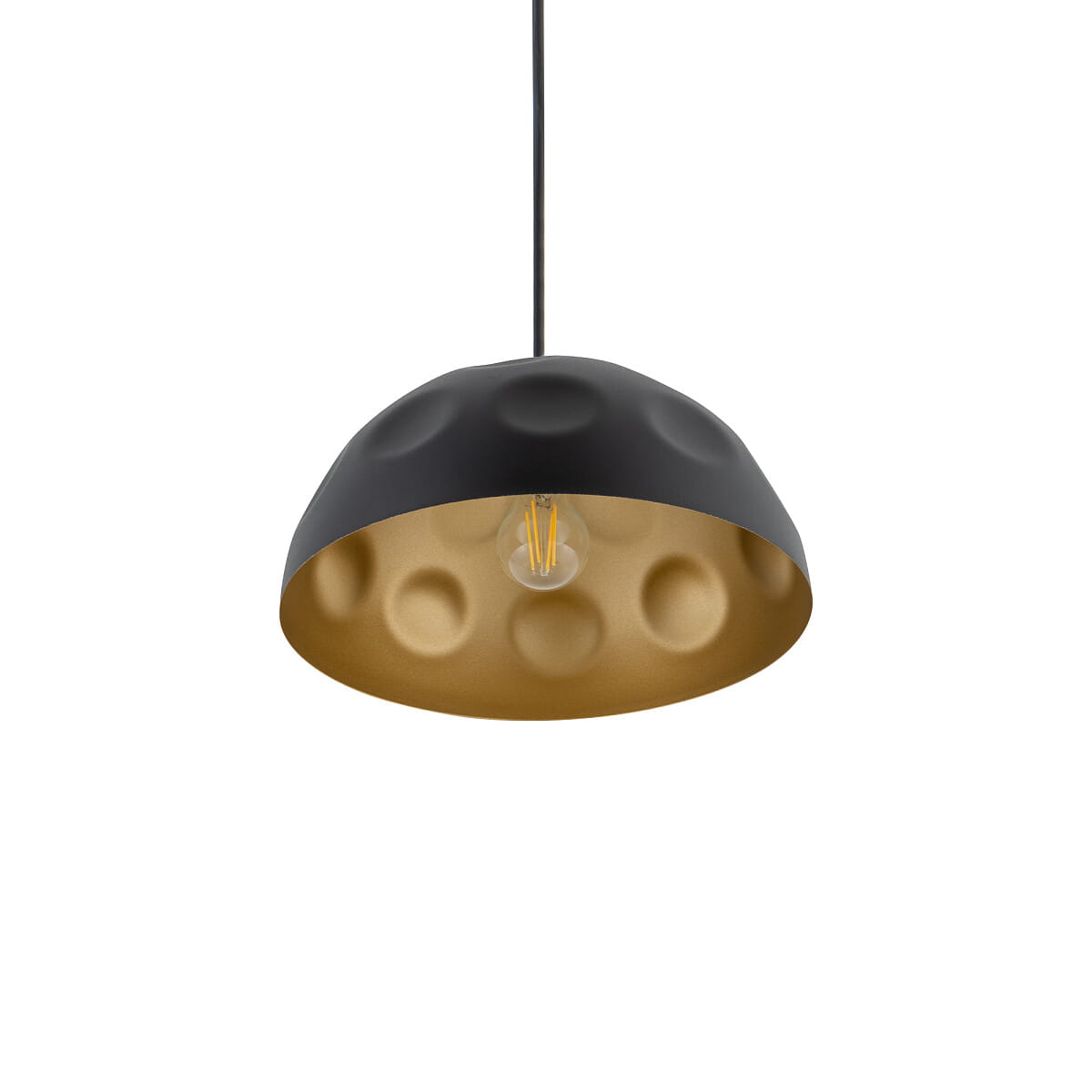 Lampa wisząca Hemisphere Hit D33 z czarnym, matowym kloszem o zaokrąglonym kształcie i złotym wnętrzem, zawieszona na cienkim przewodzie. Widoczna żarówka E27 w centralnej części. Idealna do nowoczesnych wnętrz.