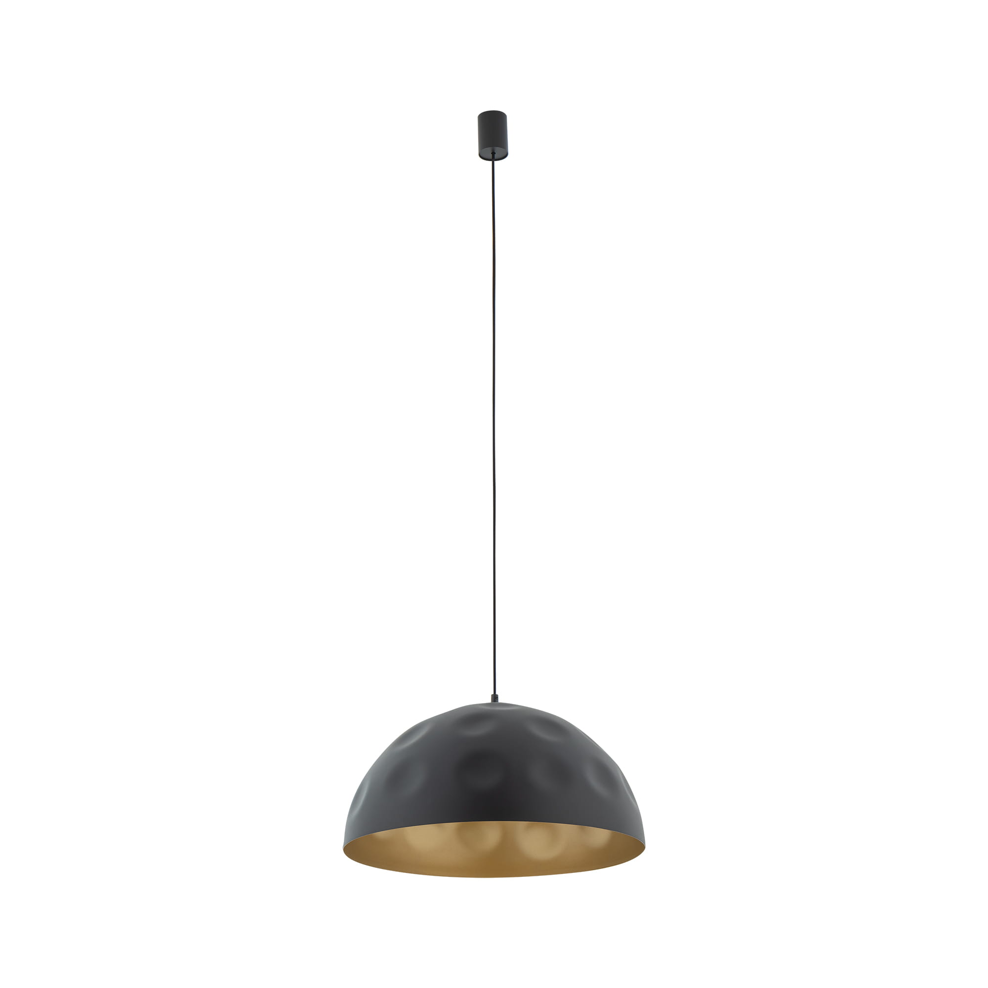 Czarna lampa wisząca Hemisphere Hit D33 z metalowym kloszem w kształcie półkuli, wewnątrz złota. Zawieszona na cienkim przewodzie, montowana do sufitu. Klosz ma teksturowaną powierzchnię z delikatnymi wypukłościami. Wymaga żarówki E27.