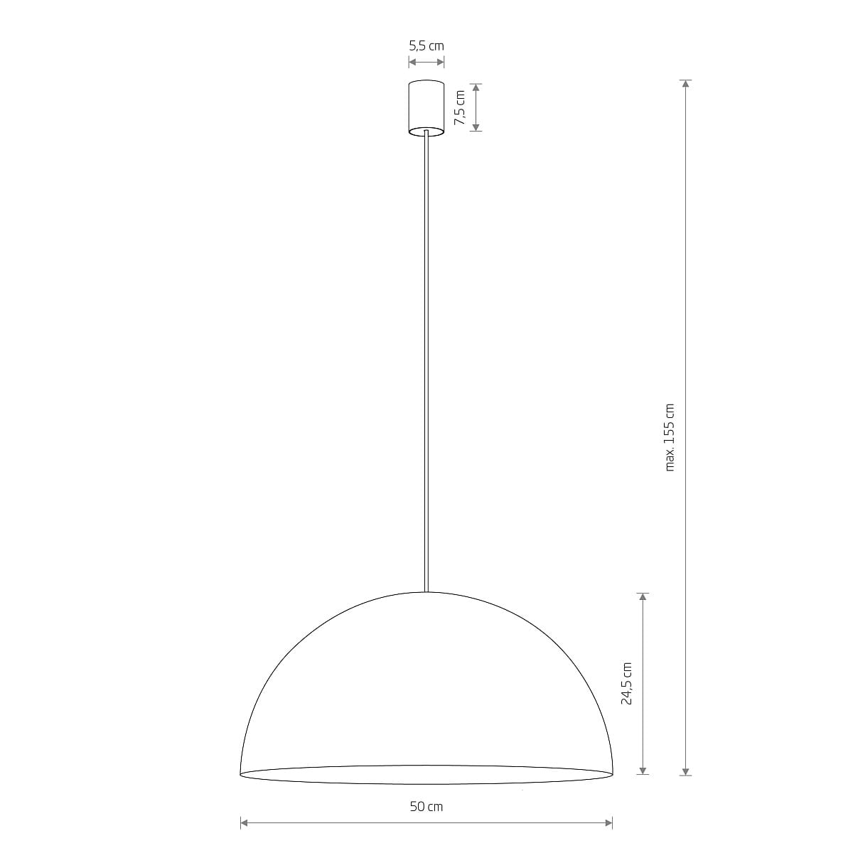 Lampa wisząca Hemisphere Hit D50 z jednym gniazdem E27, o średnicy 50 cm. Czarna, z połyskującym złotym wnętrzem. Zawieszona na cienkim sznurku, maksymalna wysokość 155 cm, wysokość klosza 24,5 cm, średnica górnej części 5,5 cm.
