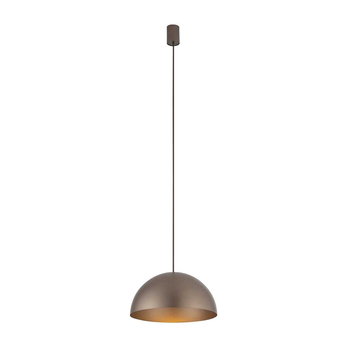 Brązowa lampa wisząca Hemisphere Super D33 z jedną oprawą GX53. Posiada półkulisty klosz z matowego metalu, zawieszona na cienkim przewodzie, w prostym, minimalistycznym stylu. Idealna do nowoczesnych wnętrz.