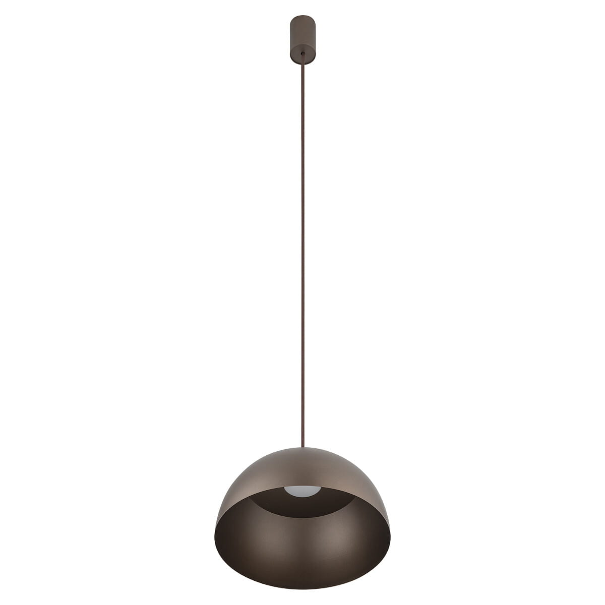 Brązowa lampa wisząca Hemisphere Super D33 z oprawą na żarówkę GX53. Posiada półkulisty klosz, zawieszony na cienkim przewodzie. Ujęcie frontalne, na jednolitym tle, podkreślające jej minimalistyczny design i kształt.