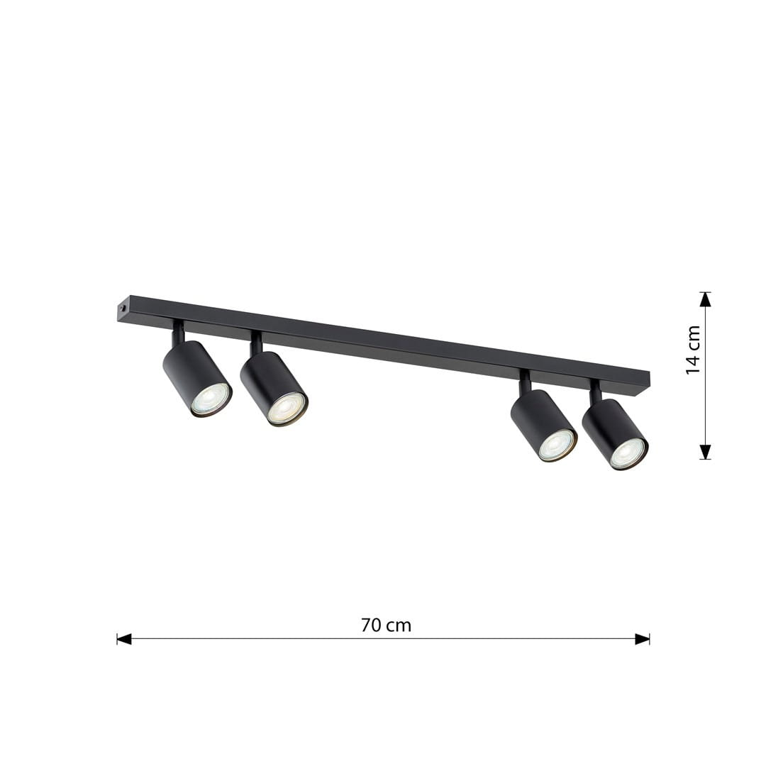 Czarna lampa sufitowa typu spot z czterema reflektorami GU10, zamontowana na prostokątnej listwie o długości 70 cm i wysokości 14 cm. Reflektory mają cylindryczny kształt, skierowane są w dół, co umożliwia skierowanie światła w wybrane miejsca.