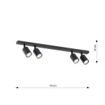 Czarna lampa sufitowa typu spot z czterema reflektorami GU10, zamontowana na prostokątnej listwie o długości 70 cm i wysokości 14 cm. Reflektory mają cylindryczny kształt, skierowane są w dół, co umożliwia skierowanie światła w wybrane miejsca.