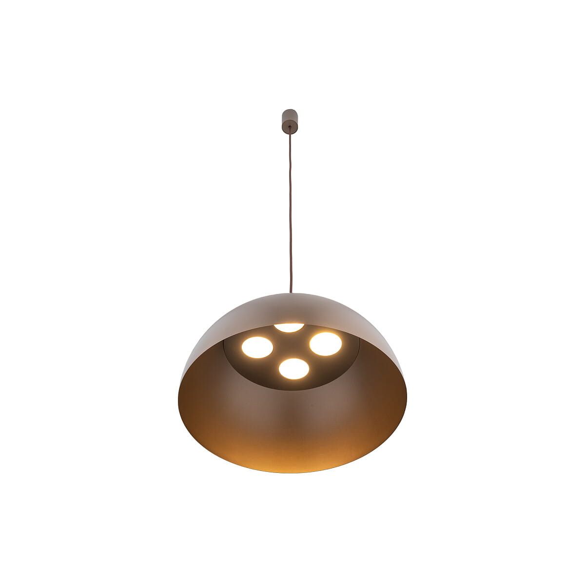 Brązowa lampa wisząca Hemisphere Super D50 z czterema źródłami światła GX53. Okrągła, metalowa czasza z matowym wykończeniem, zawieszona na cienkim przewodzie, widoczna z góry. Prosta, nowoczesna forma, idealna do aranżacji wnętrz.