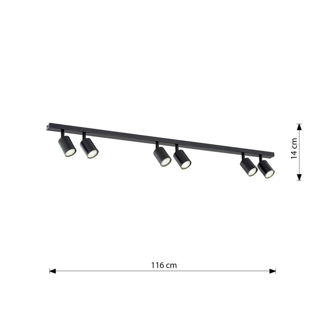 Czarna sufitowa lampa spotowa Flash z sześcioma oprawami GU10, zamontowana na prostokątnej listwie. Wymiary: 116 cm długości i 14 cm wysokości. Ujęcie frontalne, produkt w pozycji wiszącej, bez dodatkowego tła.