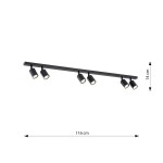 Czarna sufitowa lampa spotowa Flash z sześcioma oprawami GU10, zamontowana na prostokątnej listwie. Wymiary: 116 cm długości i 14 cm wysokości. Ujęcie frontalne, produkt w pozycji wiszącej, bez dodatkowego tła.