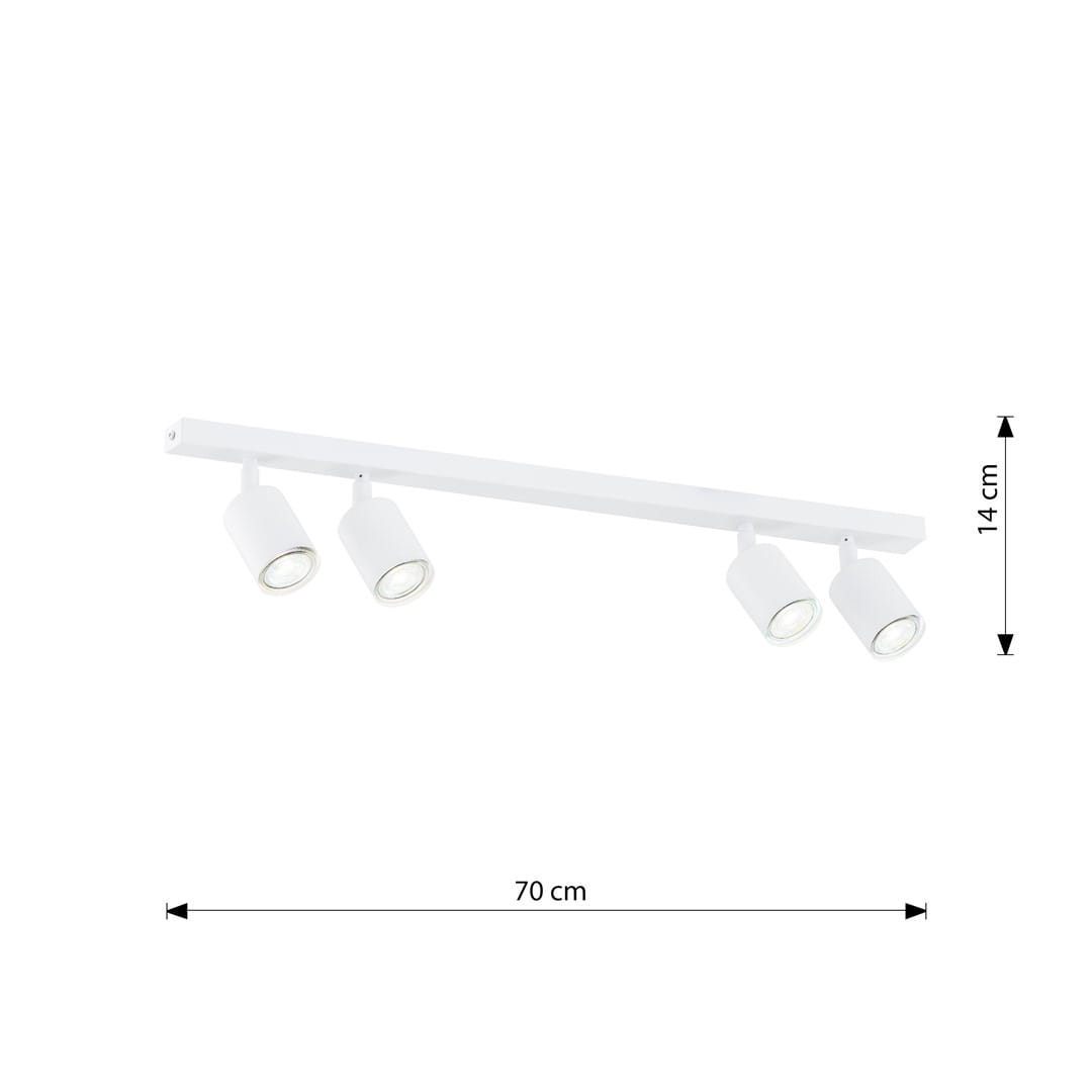 Lampa sufitowa Flash z czterema spotami GU10 w kolorze białym. Produkt o wymiarach 70 cm długości i 14 cm wysokości, z cylindrycznymi oprawami, zamontowany na prostokątnej listwie, idealny do oświetlenia wnętrz.