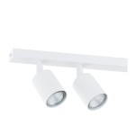 Biała lampa sufitowa z sześcioma reflektorami GU10, zamontowana na prostokątnej, białej podstawie. Reflektory mają cylindryczny kształt i są skierowane w różnych kierunkach, co umożliwia regulację oświetlenia.