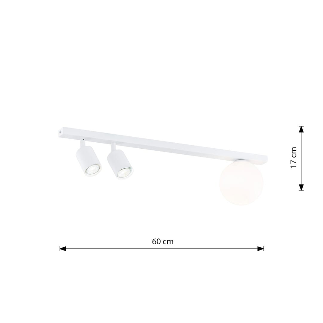 Lampa sufitowa Baster w kolorze białym, z dwoma reflektorami GU10 i jednym gniazdem E14. Ułożona poziomo, z wymiarami 60 cm długości i 17 cm wysokości. Główna część to okrągła, mleczna kula, osadzona na prostokątnej belce.