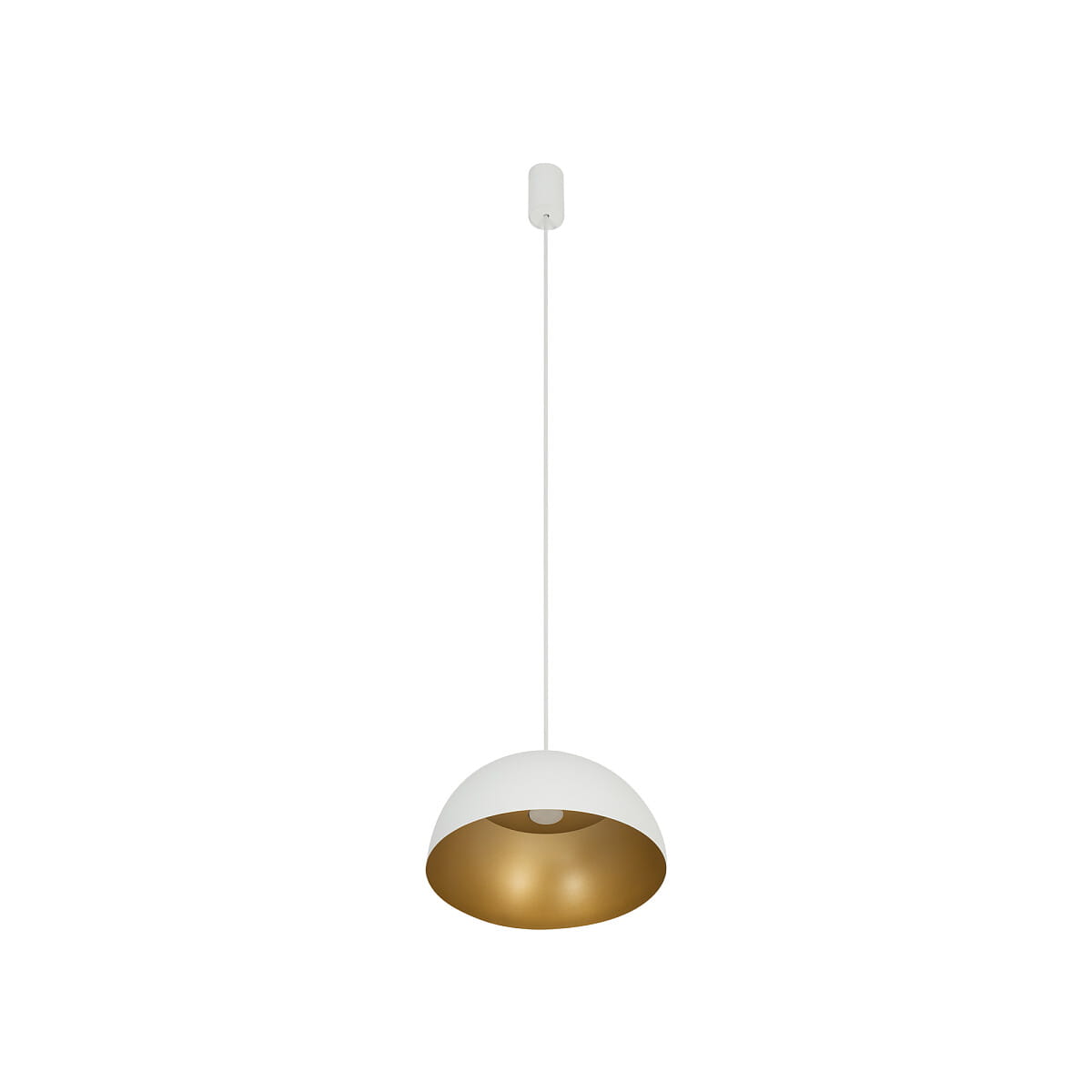 Lampa wisząca Hemisphere Super D33 w kolorze białym z złotym wnętrzem. Kształt półkulisty, zawieszona na białym przewodzie, z oprawką na żarówkę GX53. Prosta, nowoczesna forma, idealna do aranżacji wnętrz. Tło białe.