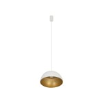 Lampa wisząca Hemisphere Super D33 w kolorze białym z złotym wnętrzem. Kształt półkulisty, zawieszona na białym przewodzie, z oprawką na żarówkę GX53. Prosta, nowoczesna forma, idealna do aranżacji wnętrz. Tło białe.