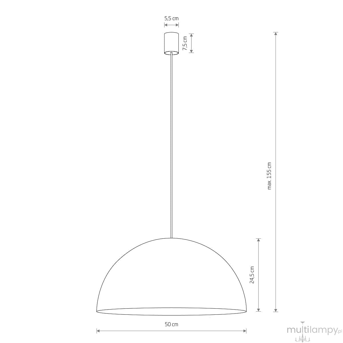 Lampa wisząca Hemisphere Super D50 w kolorze białym i złotym, o średnicy 50 cm. Posiada okrągły, płaski klosz, zawieszona na cienkim przewodzie. Wymiary: wysokość max 155 cm, klosz 24,5 cm, mocowanie 5,5 cm. Wymaga 4 żarówek GX53.