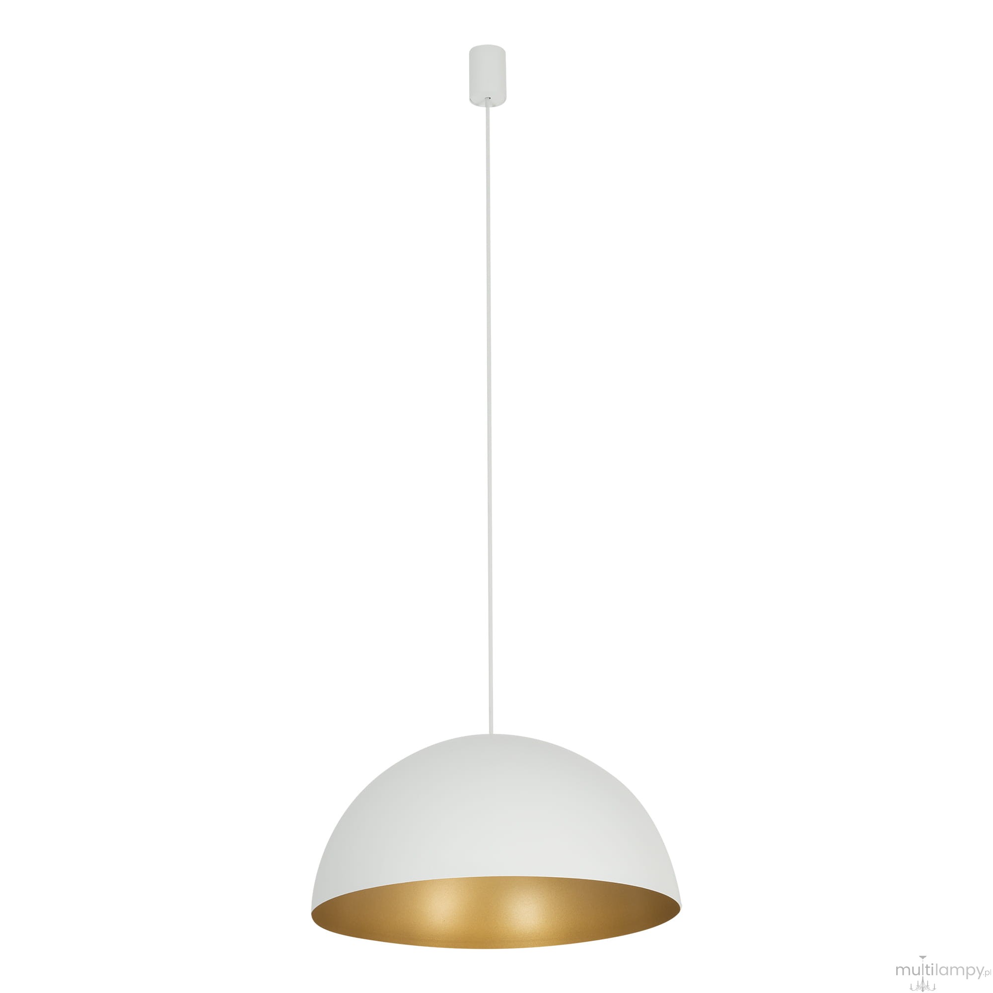 Lampa wisząca Hemisphere Super D50 w kolorze białym z złotym wnętrzem, z okrągłym kloszem w kształcie półkuli. Zawieszona na cienkim, białym przewodzie, montowana do sufitu. Przeznaczona do zastosowania z czterema żarówkami GX53.