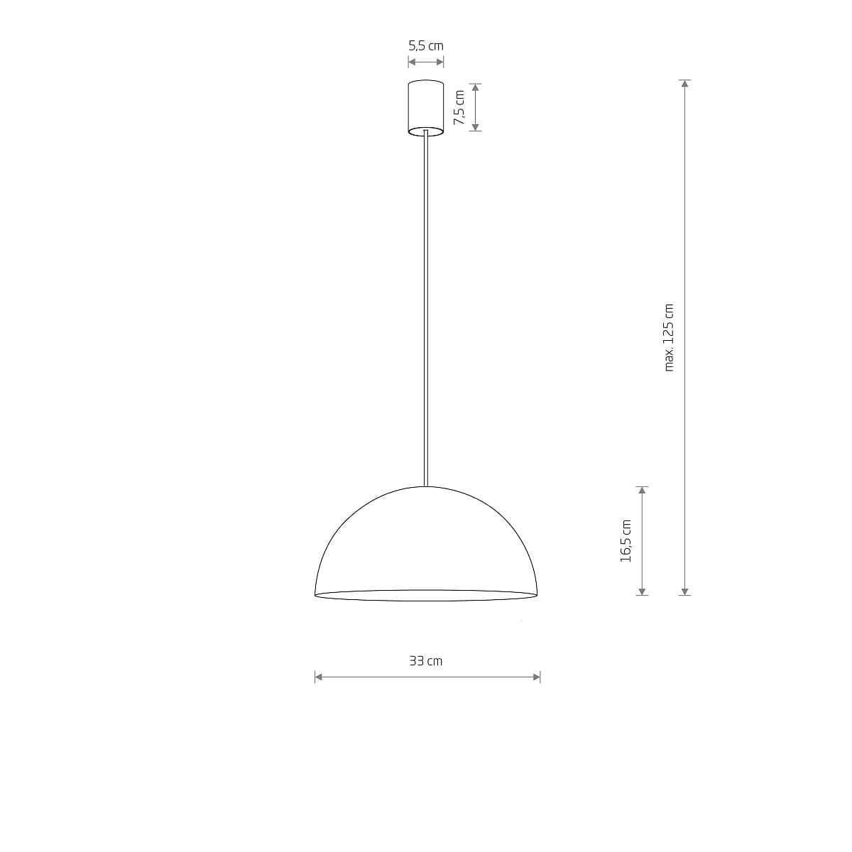 Biała lampa wisząca Hemisphere Super D33 z oprawą na 1 żarówkę GX53. Okrągły klosz o średnicy 33 cm, zawieszony na cienkim kabelku, z maksymalną długością 125 cm. Prosty, nowoczesny design. Wymiary: klosz 16,5 cm wysokości, rozeta 5,5 cm.