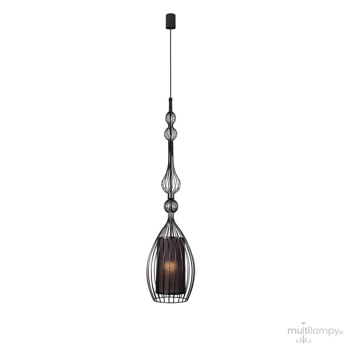 Czarna lampa wisząca Abi L, 1-punktowa, z metalową klatką o smukłym kształcie. Zawieszona na cienkim przewodzie, z dekoracyjnymi kulkami, w której widoczna jest żarówka w środku. Tło białe, co podkreśla elegancki design lampy.
