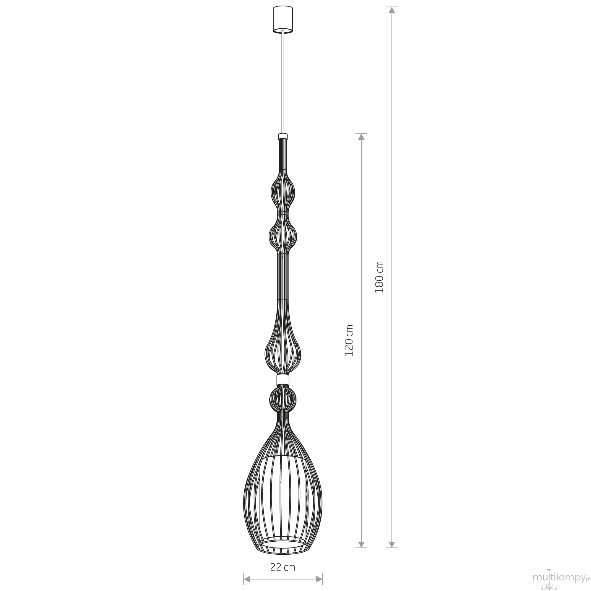 Lampa wisząca Abi L, czarna, 1-punktowa. Wysokość 180 cm, średnica klosza 22 cm. Konstrukcja z siatki metalowej, smukła forma z dekoracyjnymi elementami. Montaż sufitowy, zawieszenie na długim kablu. Idealna do nowoczesnych wnętrz.