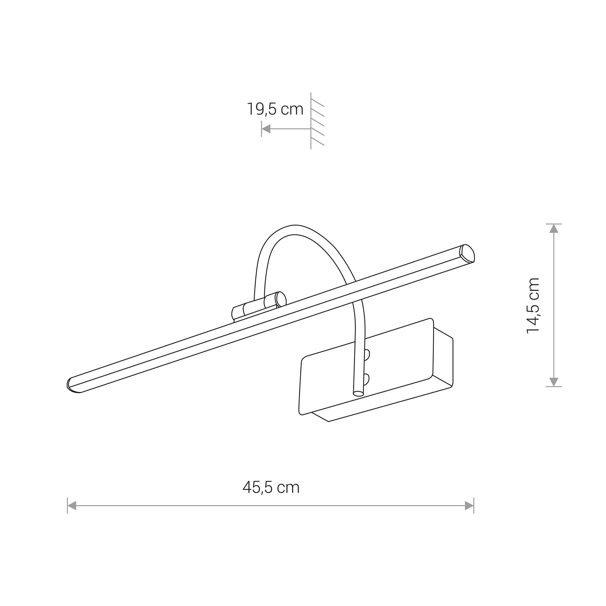 Kinkiet obrazowy Giotto S LED w kolorze patyny, jednopunktowy, o wymiarach 45,5 cm długości, 19,5 cm wysokości i 14,5 cm głębokości. Posiada cienką, prostokątną oprawę z elastycznym ramieniem.
