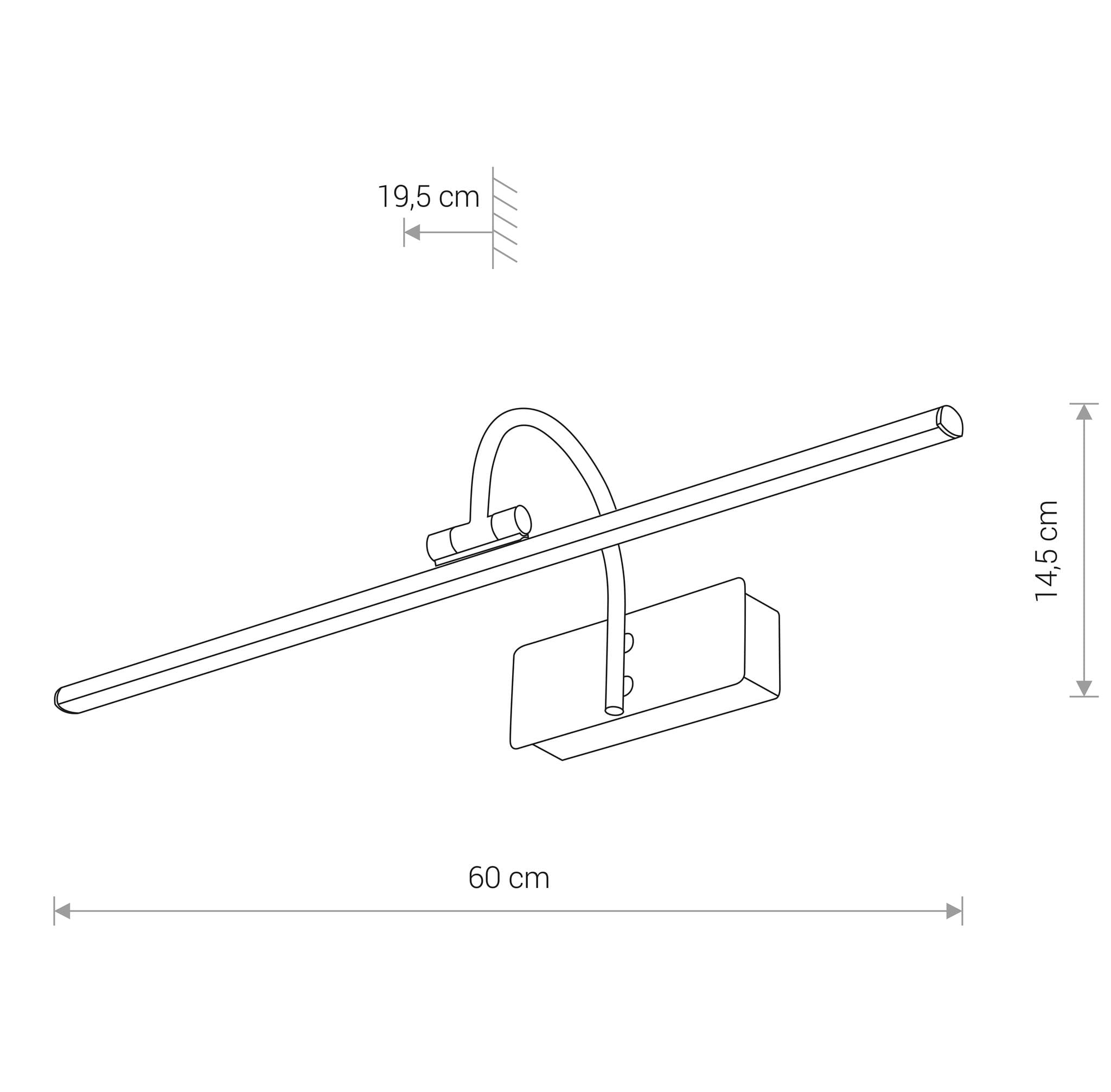 Kinkiet obrazowy Giotto M LED w kolorze patynowym, o wymiarach 60 cm szerokości, 19,5 cm wysokości i 14,5 cm głębokości. Posiada prostą, liniową konstrukcję z elastycznym ramieniem. Idealny do oświetlenia obrazów lub zdjęć.