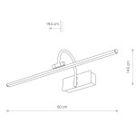Kinkiet obrazowy Giotto M LED w kolorze patynowym, o wymiarach 60 cm szerokości, 19,5 cm wysokości i 14,5 cm głębokości. Posiada prostą, liniową konstrukcję z elastycznym ramieniem. Idealny do oświetlenia obrazów lub zdjęć.