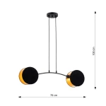 Lampa wisząca Motif z dwoma oprawami E14, w kolorze czarnym i złotym. Ma kształt łuku, z dwoma okrągłymi kloszami, z których jeden jest czarny, a drugi złoty. Zawieszona na smukłych przewodach, wysokość 100 cm, szerokość 70 cm.