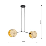 Lampa wisząca Motif 2xE14 w kolorze złotym i czarnym, z dwiema okrągłymi kloszami na końcach. Klosze mają złote wnętrza i matowe, beżowe zewnętrze. Produkt wiszący, z regulacją wysokości, rozpiętość 70 cm, wysokość 100 cm.