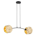 Lampa wisząca Motif z dwoma źródłami światła E14 w kolorze czarnym i złotym. Posiada okrągłe klosze o matowej fakturze z wewnętrzną złotą powłoką, zawieszona na cienkich kablach, z czarnym stelażem.