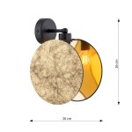 Kinkiet Motif 1xE14 w kolorze złotym i czarnym, o okrągłej formie. Średnica 20 cm, wysokość 26 cm. Materiał z efektem tekstury, z widoczną żarówką. Montowany na ścianie, z eleganckim wykończeniem.