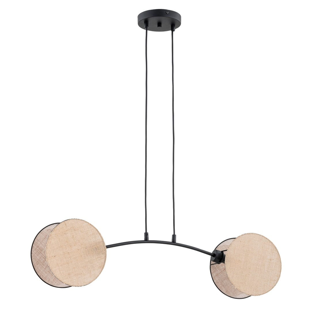 Lampa wisząca Motif 2xE14 w kolorze czarnym i naturalnym, z dwoma okrągłymi kloszami z materiału w odcieniu jasnobeżowym. Produkt zawieszony na dwóch czarnych przewodach, z metalowym mocowaniem sufitowym.