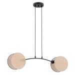 Lampa wisząca Motif 2xE14 w kolorze czarnym i naturalnym, z dwoma okrągłymi kloszami z materiału w odcieniu jasnobeżowym. Produkt zawieszony na dwóch czarnych przewodach, z metalowym mocowaniem sufitowym.