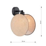 Kinkiet Motif 1xE14 w kolorze czarnym z naturalnym kloszem o średnicy 20 cm i wysokości 26 cm. Klosz wykonany z materiału o teksturze, zamontowany na okrągłej, czarnej podstawie. Produkt w pozycji wiszącej, z widocznym źródłem światła.