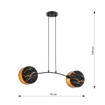 Lampa wisząca Motif 2xE14 Marbel z dwoma okrągłymi kloszami w kolorze czarnym z złotymi żyłkami. Ułożona poziomo na dwóch cienkich linkach, wisi z sufitu. Wymiary: 70 cm szerokości, 100 cm wysokości. Metalowa konstrukcja w kolorze czarnym.