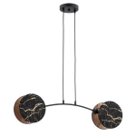 Lampa wisząca Motif 2xE14 z czarnym, marmurowym kloszem z złotymi żyłkami. Posiada dwie okrągłe, płaskie dekoracje, zawieszone na cienkich linkach, zamontowana na okrągłej podstawie w kolorze czarnym.
