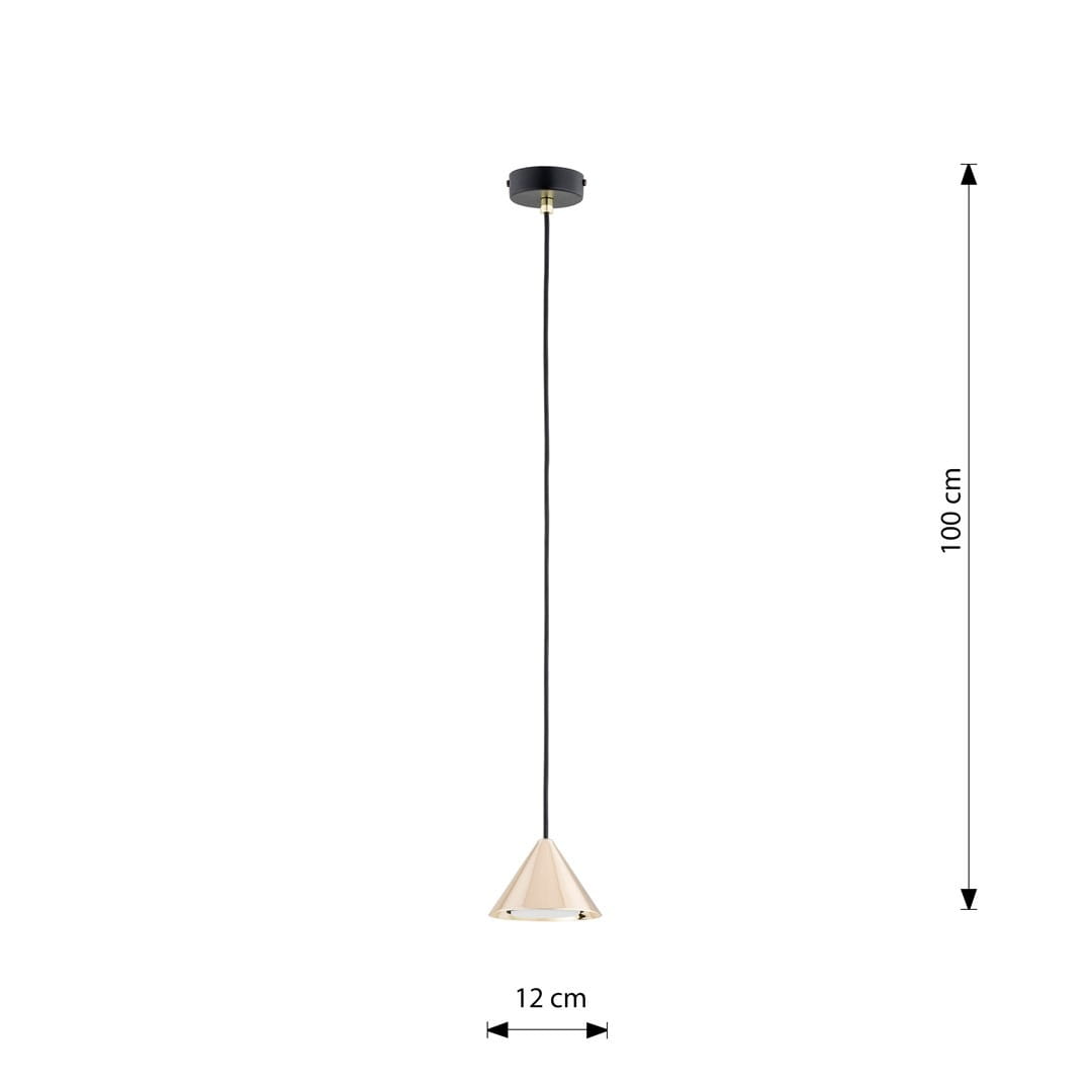 Lampa wisząca Elit 1xGX53 w kolorze czarnym i złotym. Kształt stożkowy, średnica 12 cm, długość 100 cm. Zawieszona na czarnym przewodzie, z metalowym mocowaniem sufitowym. Prosta forma, idealna do nowoczesnych wnętrz.