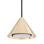 Lampa wisząca Elit 1xGX53 w kolorze czarnym i złotym, o stożkowym kształcie. Złota, błyszcząca obudowa z białym kloszem. Ujęcie z boku, lampa zawieszona na cienkim czarnym przewodzie, montaż sufitowy.