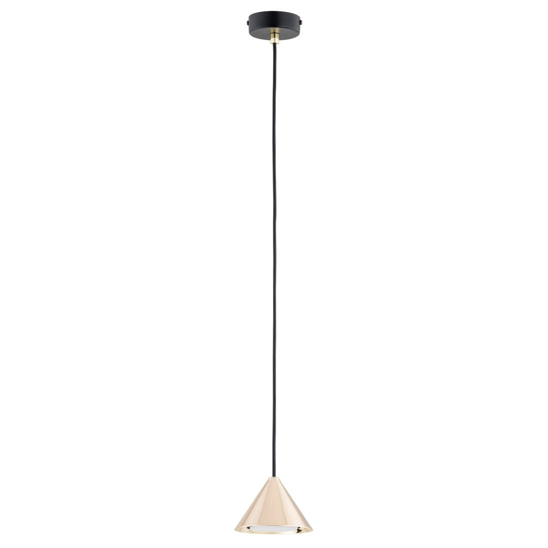 Lampa wisząca Elit 1xGX53 w kolorze czarnym i złotym, o stożkowatym kształcie. Zawieszona na długim, czarnym przewodzie, z metalowym mocowaniem sufitowym. Wykonana z materiałów zapewniających elegancki wygląd.