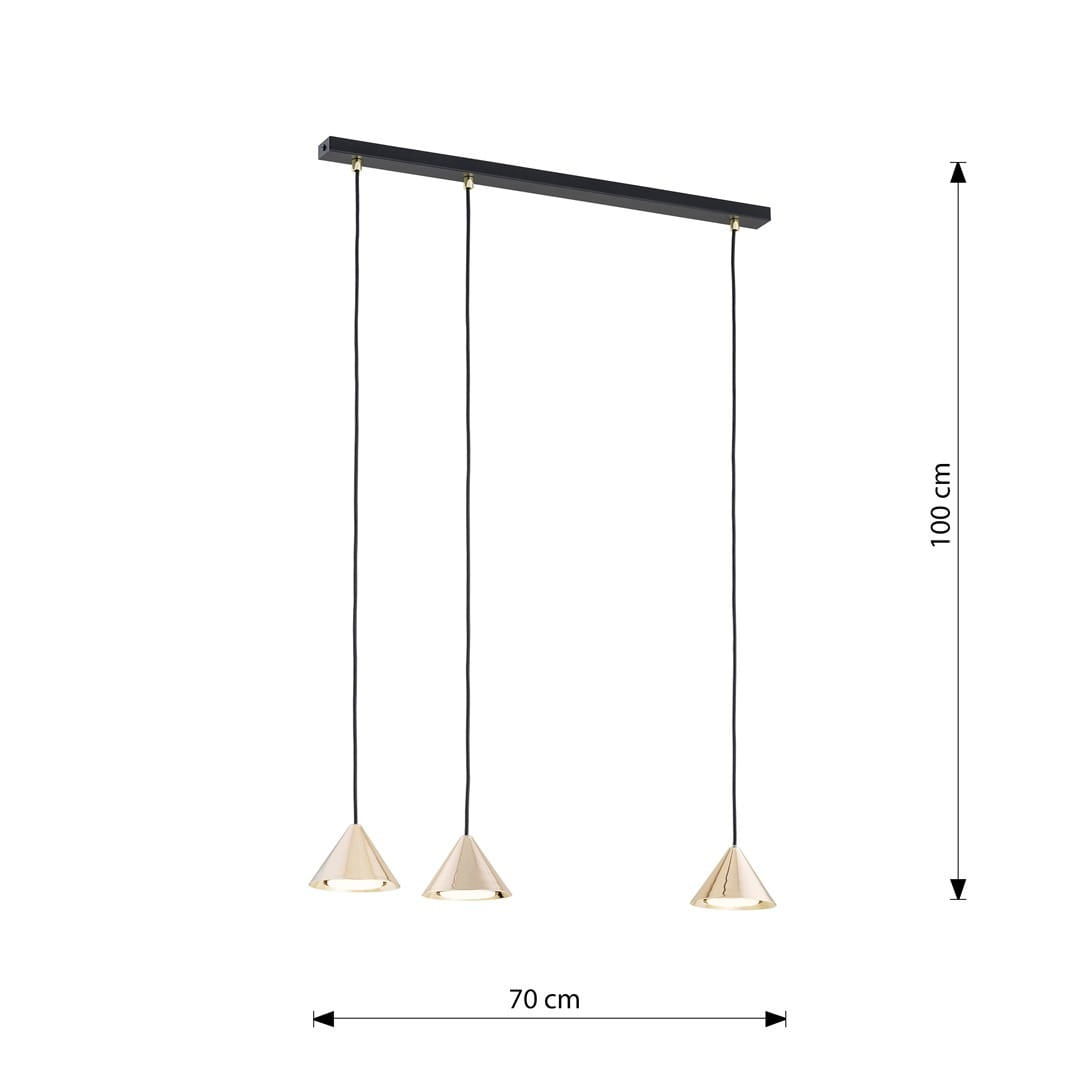 Lampa wisząca Elit 3xGX53 w kolorze czarnym i złotym, z trzema stożkowymi kloszami. Ujęcie frontalne, długość 70 cm, wysokość 100 cm. Klosze zawieszone na czarnych przewodach, minimalistyczny design.
