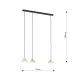 Lampa wisząca Elit 3xGX53 w kolorze czarnym i złotym, z trzema stożkowymi kloszami. Ujęcie frontalne, długość 70 cm, wysokość 100 cm. Klosze zawieszone na czarnych przewodach, minimalistyczny design.