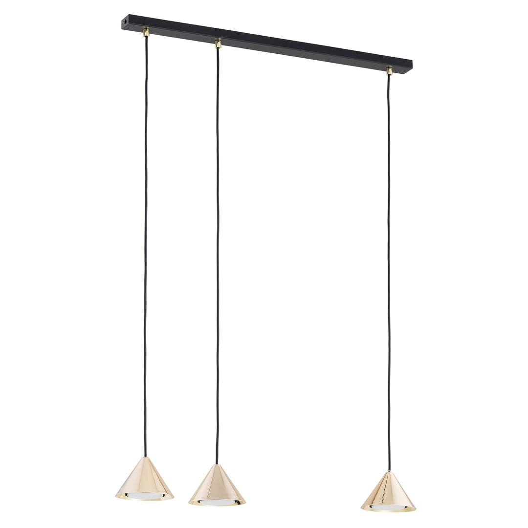 Lampa wisząca Elit 3xGX53 w kolorze czarnym i złotym. Składa się z trzech stożkowatych kloszy zawieszonych na czarnych przewodach, mocowanych do prostokątnej, czarnej podstawy. Klosze mają połyskującą złotą powierzchnię.